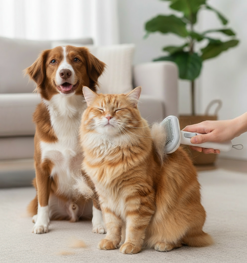 Cat and dog with different colors using One-Click Pet Hair Remover & Dematting Comb