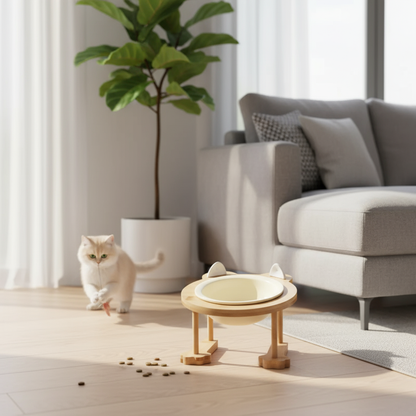 Ceramic Pet Food Bowl Set with Wooden Stand