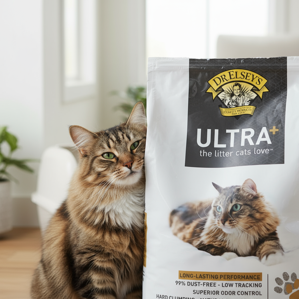 Dr. Elsey's Ultra+ Unscented Cat Litter Close-up with Cat