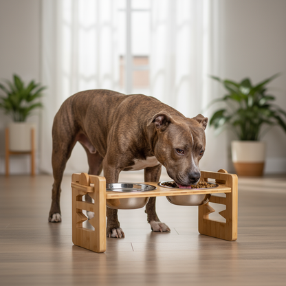 Elevated Dog Bowl Stand with pitbull