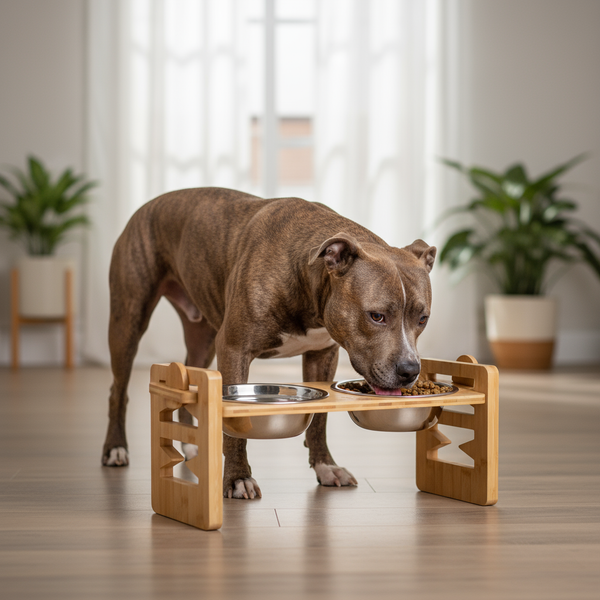 Elevated Dog Bowl Stand with pitbull