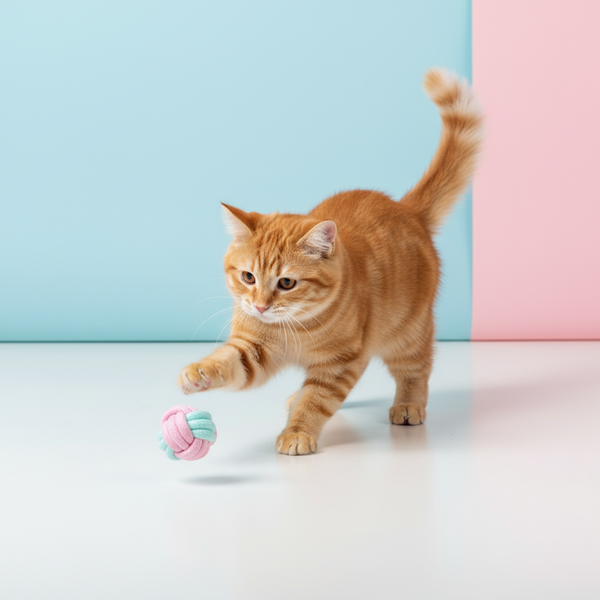 Gato jugando con pelota de cuerda de tamaño realista