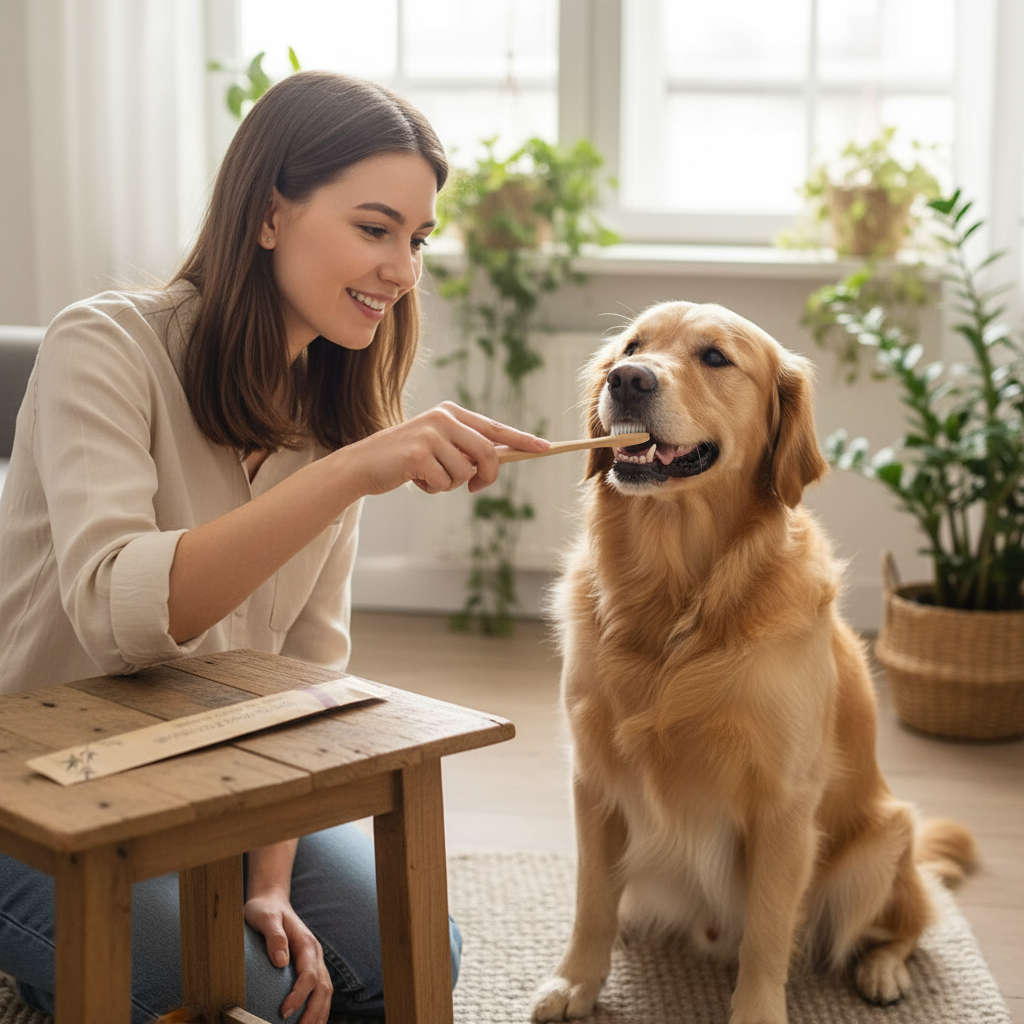 Persona cepillando dientes a un perro - Eco-Friendly Disposable Bamboo Toothbrush