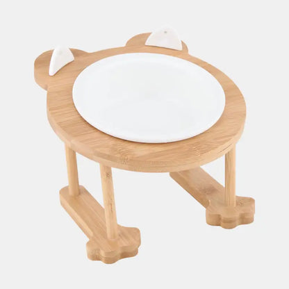 Ceramic Pet Food Bowl Set with Wooden Stand